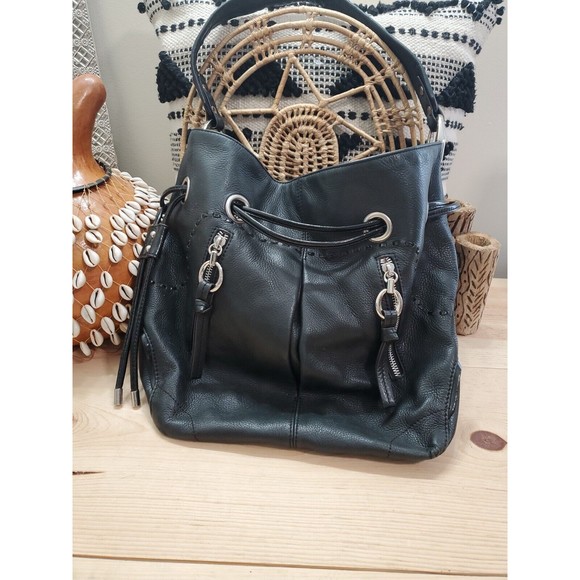 B. Makowsky Designer Black Large Soft Leather Shoulder Handbag Purse Drawstring - Picture 1 of 16